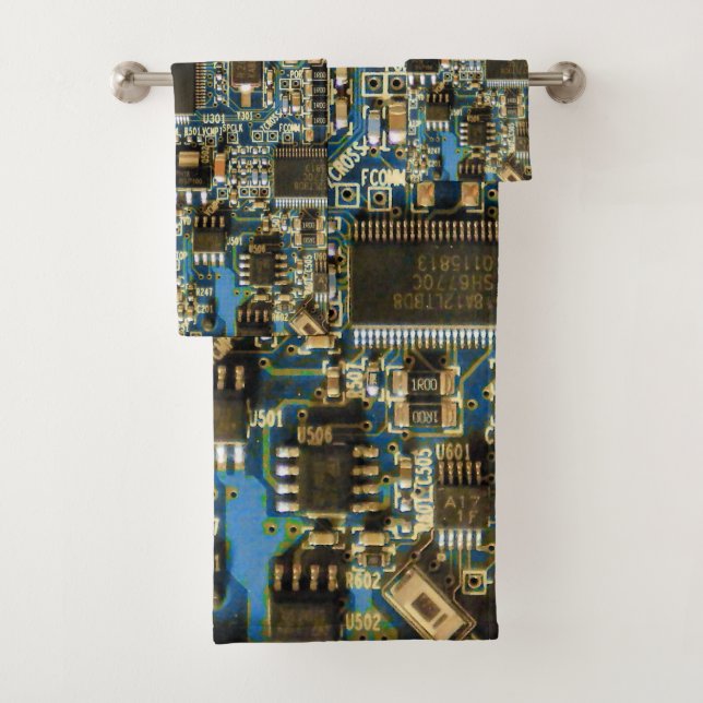 Macro Blue Circuit Board | PCB Photo Bath Towel Set (Insitu)