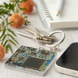 Macro Blue Circuit Board   PCB Photo Keychain