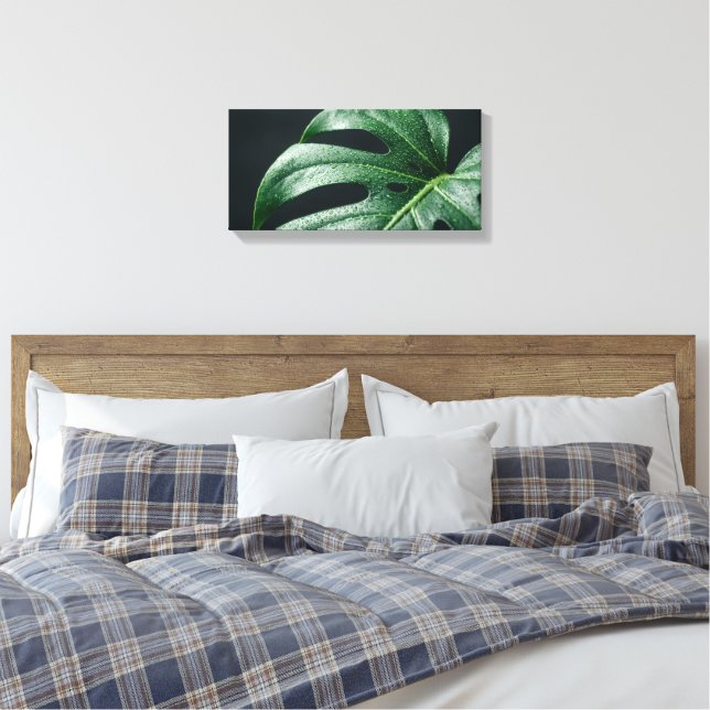 Macro Photography: Monstera Leaf with Morning Dew  Canvas Print (Insitu(Bedroom))