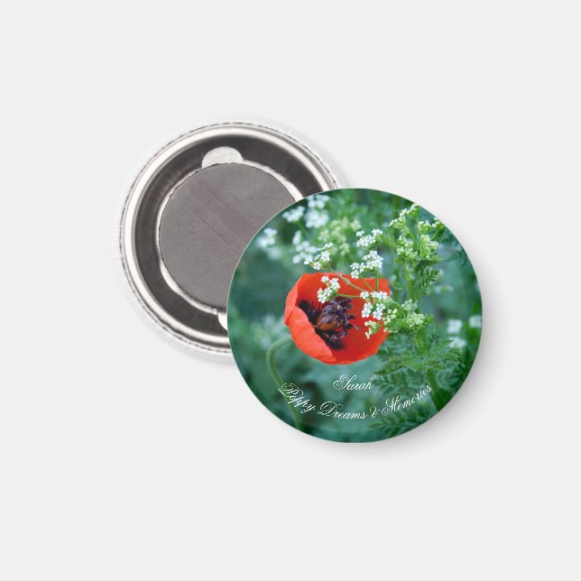 Macro Red Poppy Photo | Custom Name Floral Magnet (Front/Back)