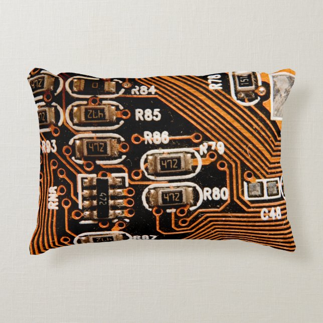 macro shot of circuitboard,cables,capacitors,card, accent pillow (Front)