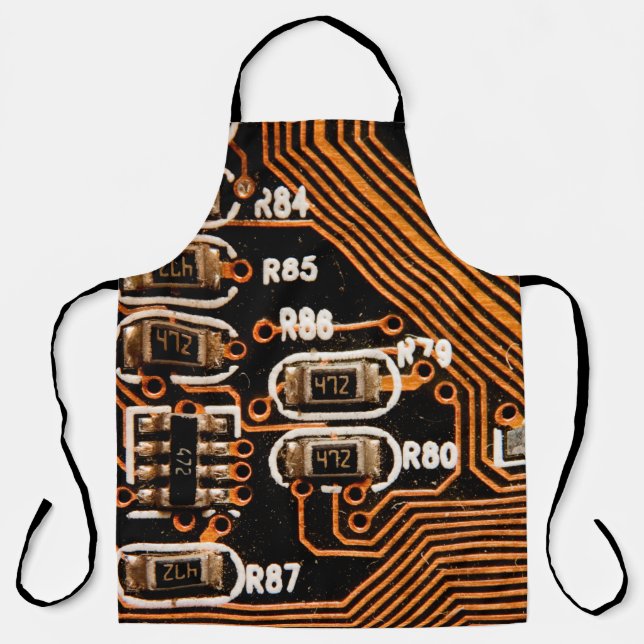 macro shot of circuitboard,cables,capacitors,card, apron (Front)