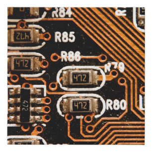 macro shot of circuitboard,cables,capacitors,card, faux canvas print