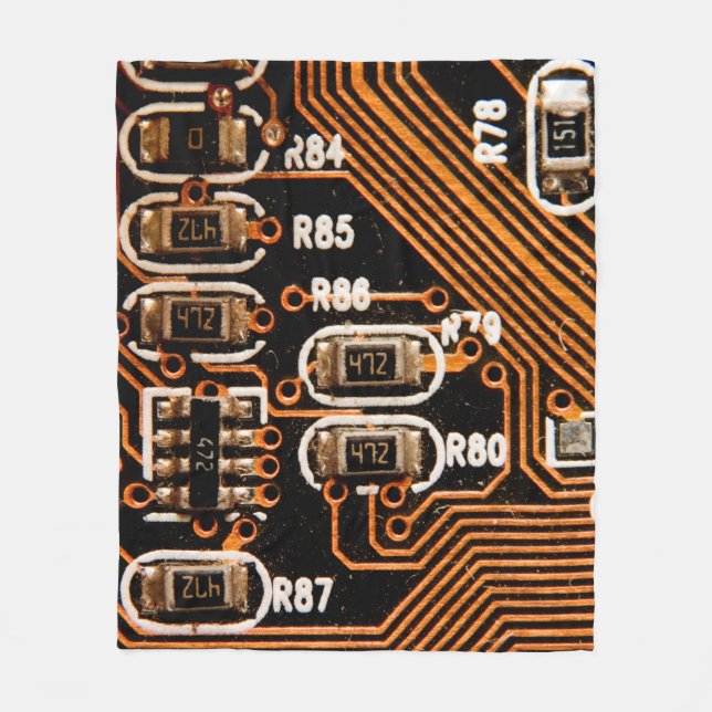 macro shot of circuitboard,cables,capacitors,card, fleece blanket (Front)