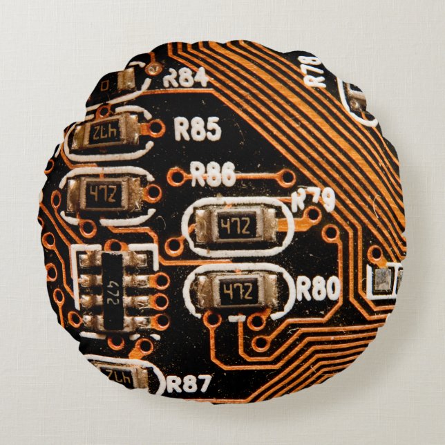 macro shot of circuitboard,cables,capacitors,card, round pillow (Front)