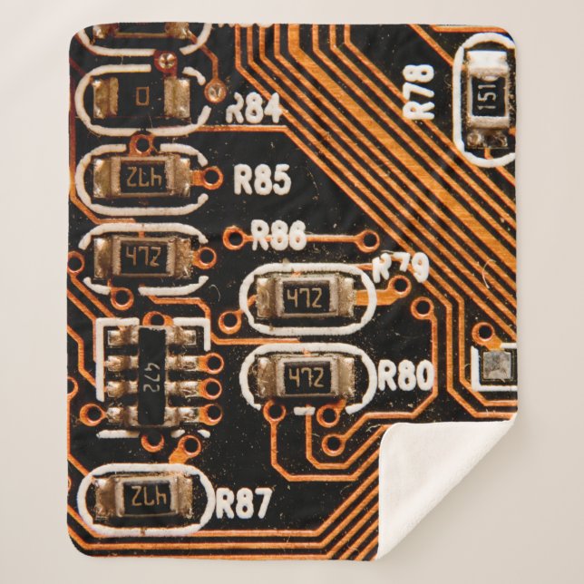 macro shot of circuitboard,cables,capacitors,card, sherpa blanket (Front)