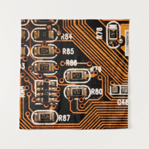 macro shot of circuitboard,cables,capacitors,card, tapestry