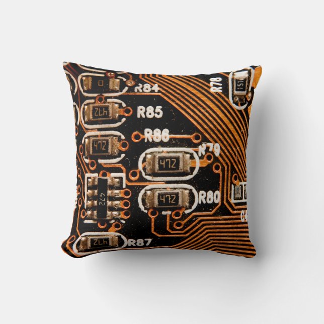 macro shot of circuitboard,cables,capacitors,card, throw pillow (Front)