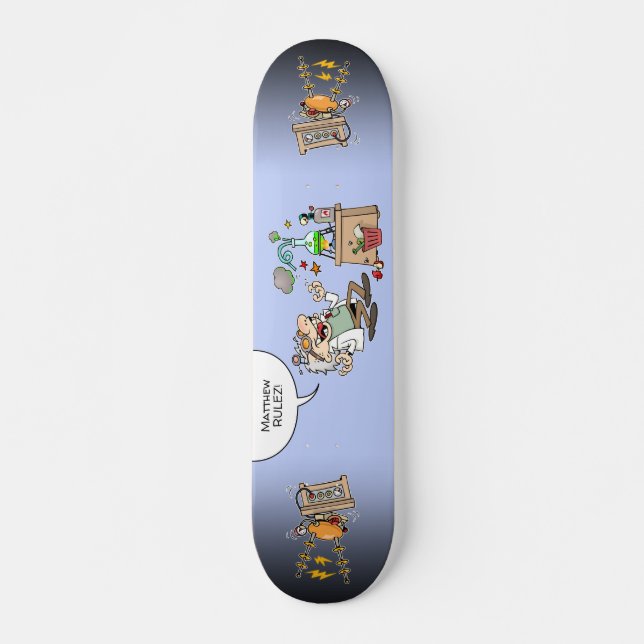 Mad Cartoon Scientist With Custom Text Balloon Skateboard (Front)