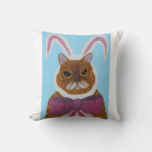 Mad Cat in Bunny Ears Throw Pillow