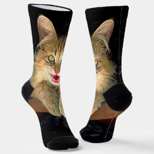 Mad Cat Painting - Cute Original Cat Art Socks