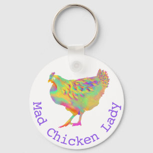 Mad Chicken Lady Colourful Quirky Farm Hen Humour Keychain