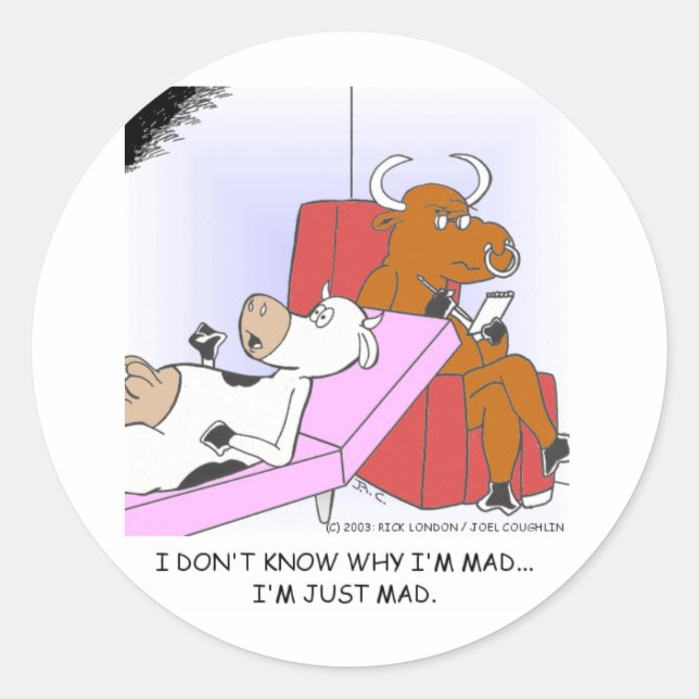 Mad Cow In Therapy Funny Gifts & Collectibles Classic Round Sticker (Front)