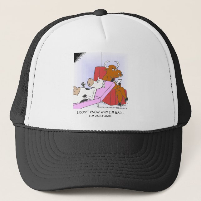 Mad Cow In Therapy Funny Gifts & Collectibles Trucker Hat (Front)