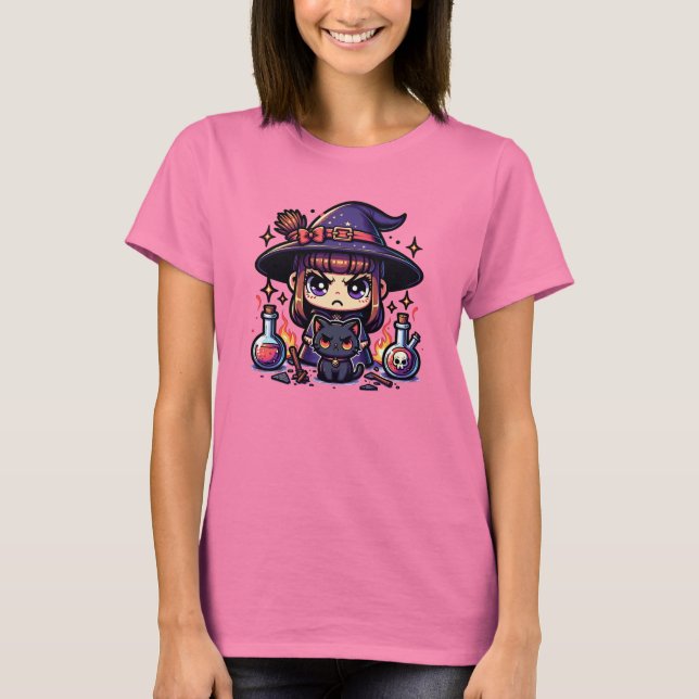Mad Cute Witch and Black Kitty T-Shirt (Front)