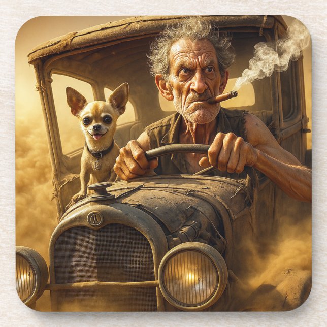 MAD DESERT DRIVER. #4 IN SERIES. BEVERAGE COASTER (Front)