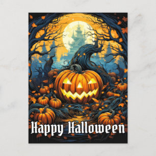 Mad Glowing Pumpkin Happy Halloween Postcard