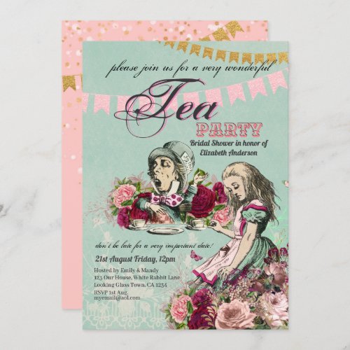 Mad Hatter Alice Vintage Tea Party Bridal Shower Invitation