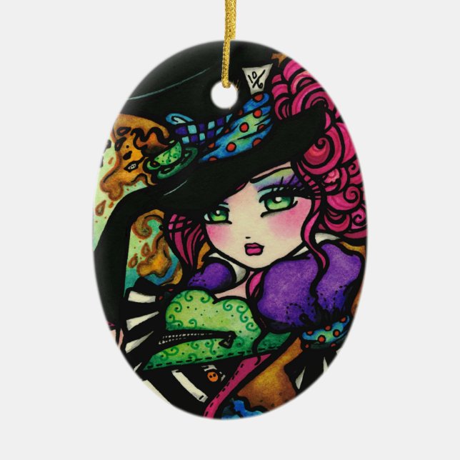 Mad Hatter Alice Wonderland Girl Fantasy Ceramic Ornament (Front)