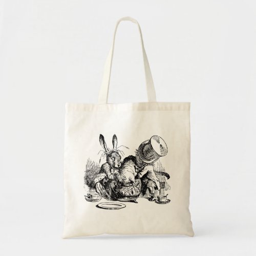 Mad Hatter and March Hare dunking the Dormouse Tote Bag