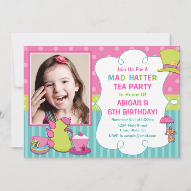 Mad Hatter Birthday Party Invitation Tea Party (Front)