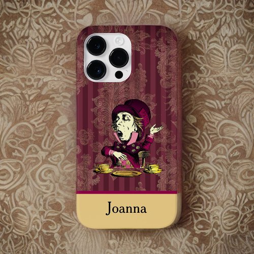 Mad Hatter Burgundy and Gold Damask with Monogram  Case_Mate iPhone 14 Pro Max Case