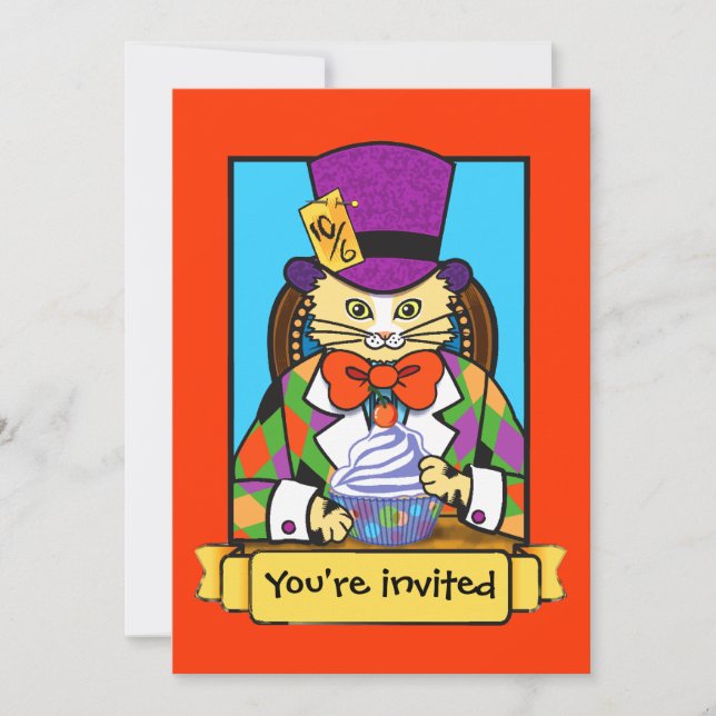 Mad hatter Cat birthday invite (Front)