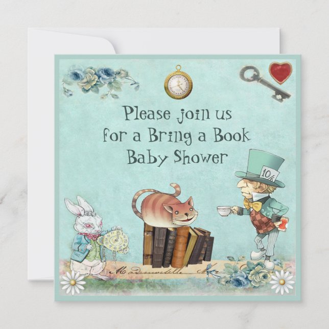 Mad Hatter & Cheshire Cat Bring a Book Shower Invitation (Front)