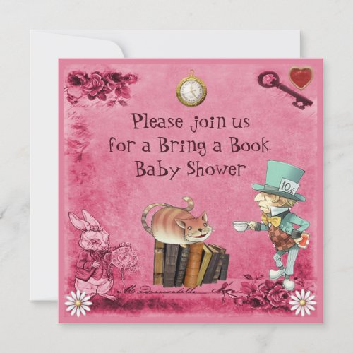 Mad Hatter  Cheshire Cat Pink Bring a Book Invitation