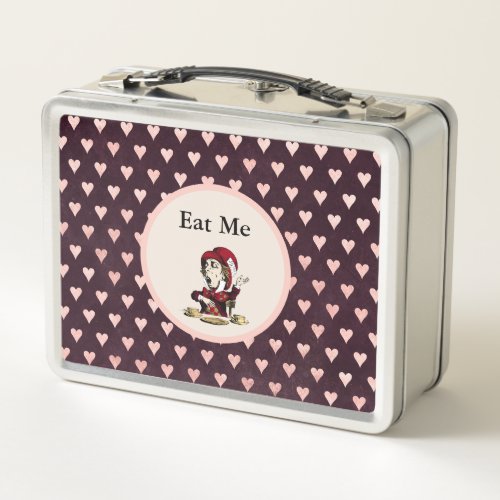 Mad Hatter Eat Me Burgundy and Pink Hearts Metal Lunch Box