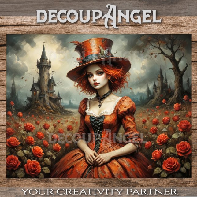 Mad Hatter Girl in Rose Garden Decoupage          Tissue Paper (Creator Uploaded)