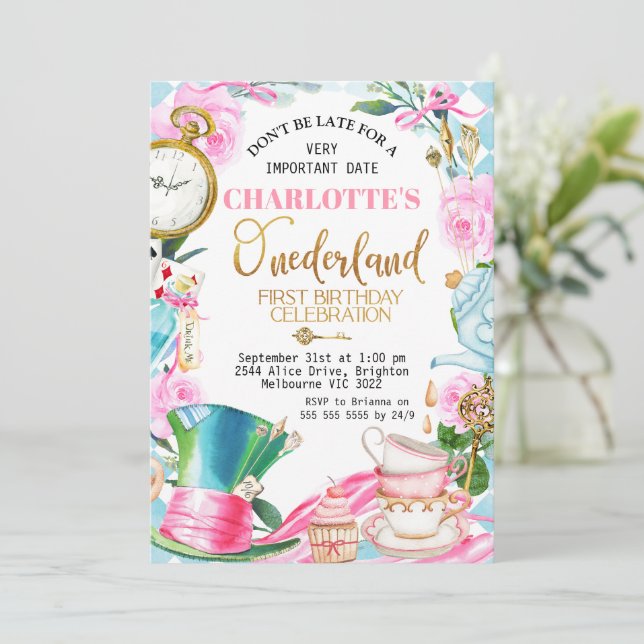 Mad Hatter Hat Alice In Onederland 1st Birthday  Invitation (Standing Front)