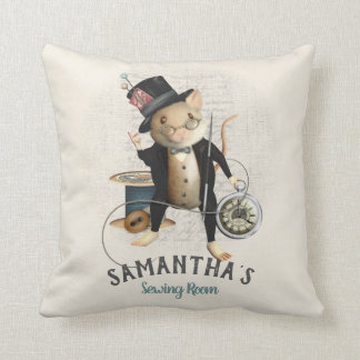 Mad Hatter Mouse Sewing Design Illustration Throw Pillow