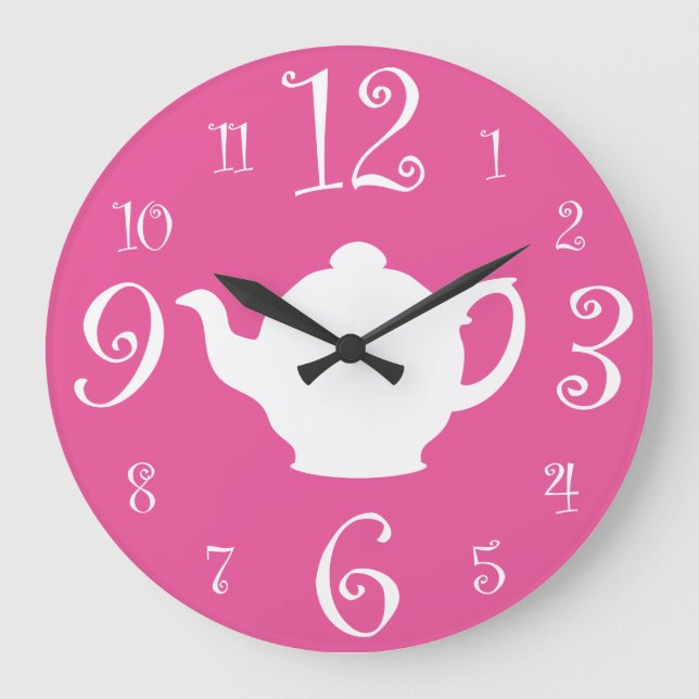 Mad Hatter Tea Party Cute Pink and White Large Clock (Front)
