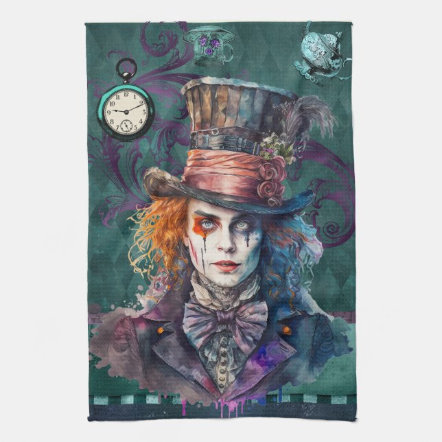 Mad Hatter Watercolour portrait Kitchen Towel (Vertical)