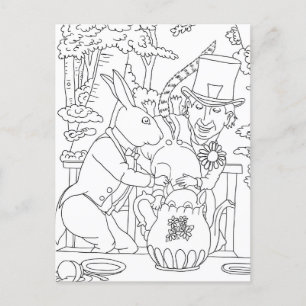 Mad hatter white rabbit door mouse coloring page postcard