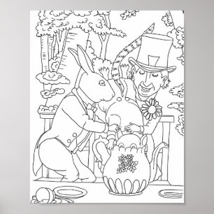 Mad hatter white rabbit door mouse coloring page poster