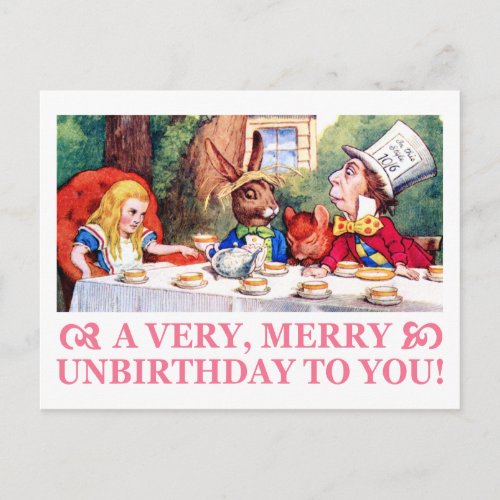 MAD HATTER WISHES ALICE A VERY MERRY UNBIRTHDAY HOLIDAY POSTCARD