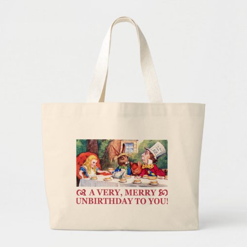 MAD HATTER WISHES ALICE A VERY MERRY UNBIRTHDAY LARGE TOTE BAG