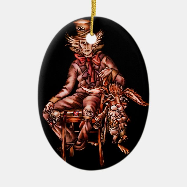 Mad Hatter with March Hare Drawing Ceramic Ornament (Front)