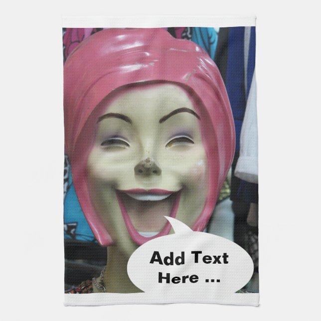 Mad Laughing Mannequin ~ Uncanny Valley Girl Kitchen Towel (Vertical)