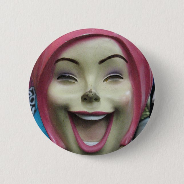 Mad Laughing Mannequin ~ Uncanny Valley Girl Pinback Button (Front)