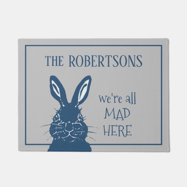 Mad March Hare Rabbit Blue Gray Funny Custom Doormat (Front)
