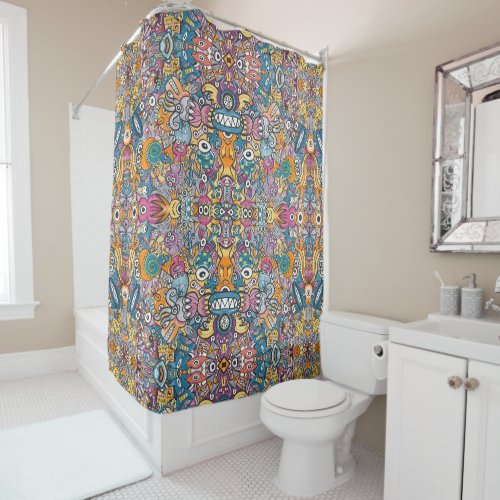 Mad monsters and robots in a crazy crowded pattern shower curtain