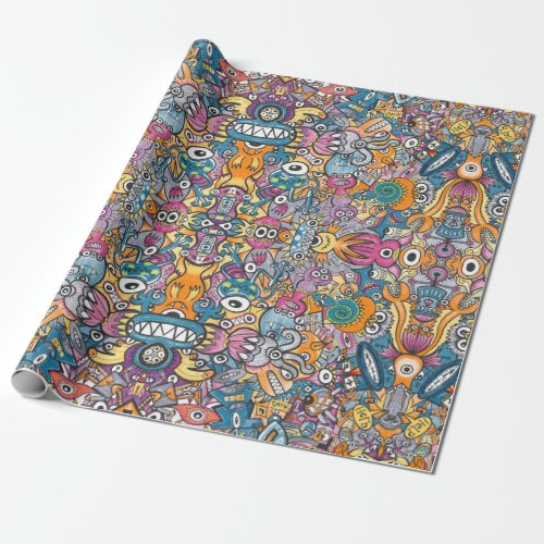 Mad monsters and robots in a crazy crowded pattern wrapping paper