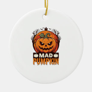 Mad Pumpkin Halloween Vintage Engraving Design_1 Ceramic Ornament