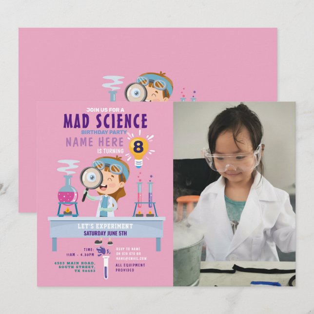Mad Science Birthday Party Experiment Girls Pink  Invitation (Front/Back)