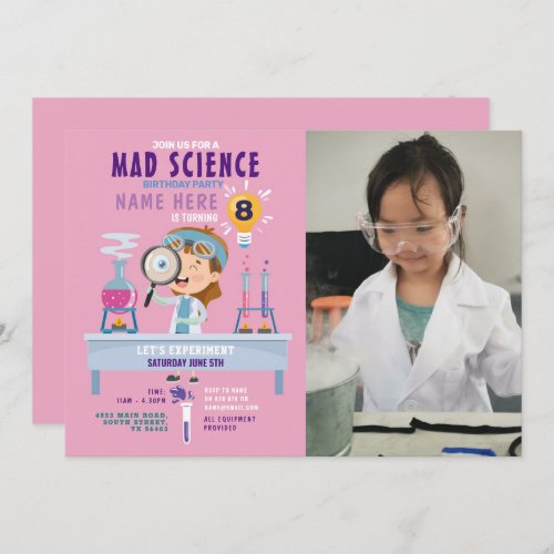 Mad Science Birthday Party Experiment Girls Pink  Invitation