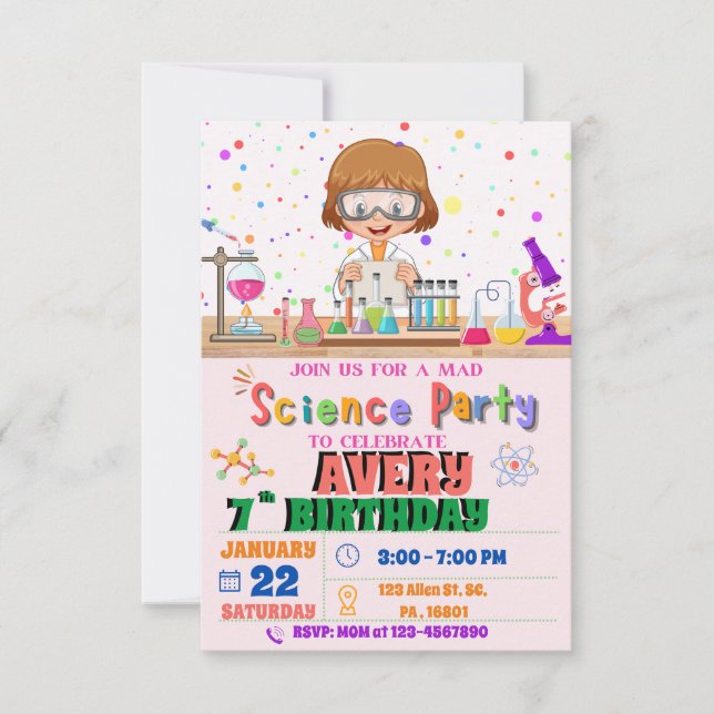 Mad Science Birthday Party Invitation for Girl (Front)