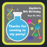 Mad Science Lab Birthday Party Favor Square Sticker<br><div class="desc">These are fun stickers to use for a mad science or scientist birthday party.  The design features a round beaker with blue liquid,  DNA helix and atom molecules.  The background is a dark gray with a lime green border.  Personalize these favor stickers with a name,  date and short message.</div>